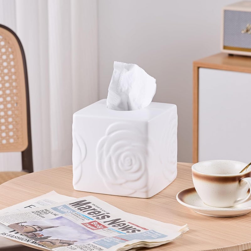 EtooCafe White Ceramic Rose Tissue Box Cover, Carved Flowers Large Square Tissue Box Holder Decorative for Bathroom, Vanity, Kitchen Countertop, Bedroom Night Stands, Office Desk Top - Image 2